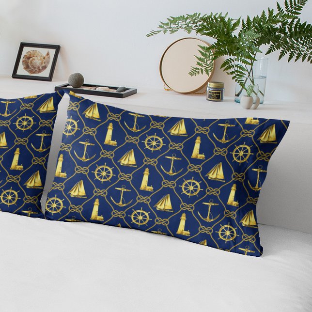 Nautical Rope with Knots Navy Blue Gold Pillowcase (Creator Uploaded)