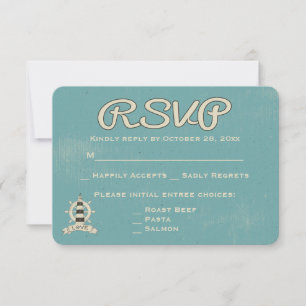 Nautical RSVP Blue Teal Lighthouse Ship Wheel Card