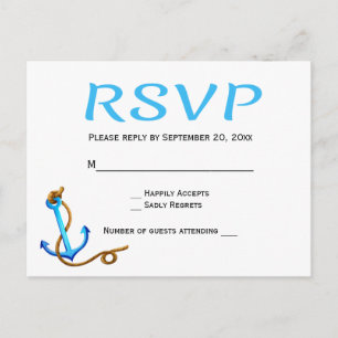 Nautical RSVP Blue Turquoise Ship Anchor Wedding Invitation Postcard