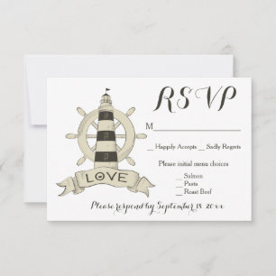 Nautical RSVP Lighthouse Brown Black Wedding Card