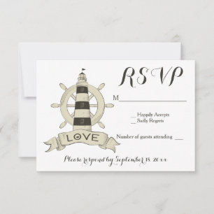 Nautical RSVP Lighthouse Brown Black Wedding Card