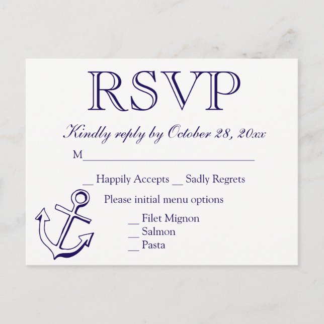 Nautical RSVP Navy Blue Anchor Wedding Party Invitation Postcard (Front)