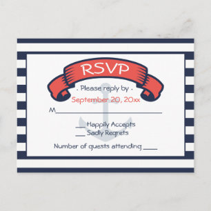 Nautical RSVP Navy Blue Stripes Anchor Wedding Invitation Postcard