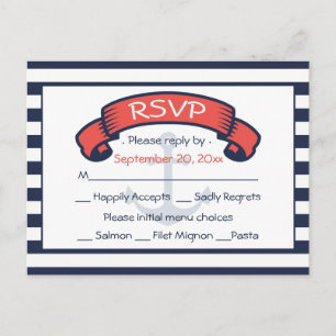 Nautical RSVP Navy Blue Stripes Anchor Wedding Invitation Postcard