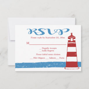 Nautical RSVP Red Lighthouse Blue Stripes Wedding Card