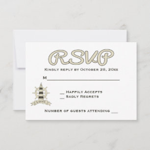 Nautical RSVP Tan Lighthouse & Ship Wheel Wedding Card