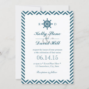 Nautical Rudder Blue Chevron Stripes Wedding Invitation
