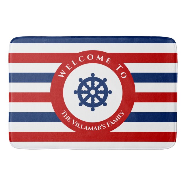 Nautical Rudder Navy Blue Red White Stripes Bath Mat (Front)