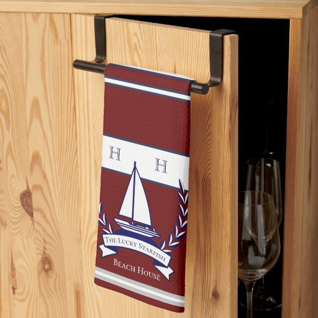 Nautical Rust Red Navy Blue Sailboat Monogram Name Tea Towel (Thirds Fold)