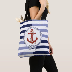 Nautical rust red ship anchor, navy blue stripe tote bag