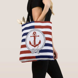 Nautical rust red ship anchor, navy, red stripe tote bag