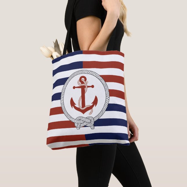 Nautical rust red ship anchor, navy, red stripe tote bag (Close Up)