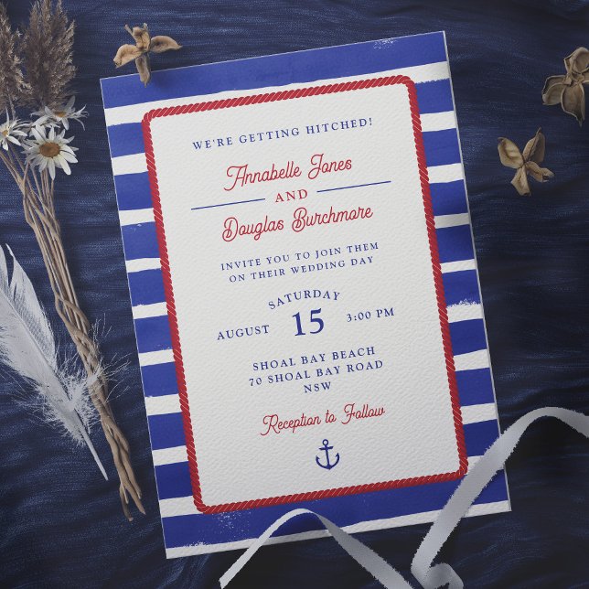 Nautical Rustic Blue Watercolor Stripes Wedding  Invitation (Nautical wedding invitation with blue and white watercolor stripes background)