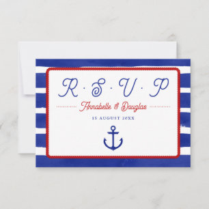 Nautical Rustic Blue Watercolor Stripes Wedding RSVP Card