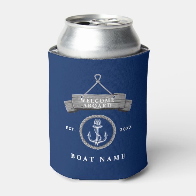 Nautical rustic boat name anchor rope navy blue can cooler (Can Front)