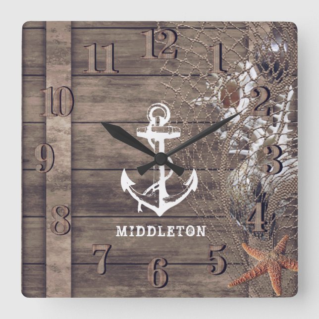 Nautical Rustic Wood Square Wall Clock (Front)
