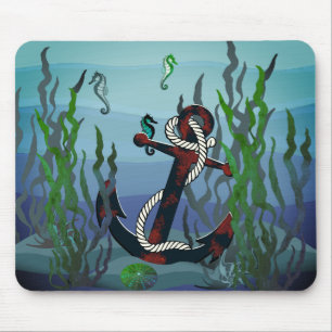 Nautical rusty black anchor/seaweed/shell/seahorse mouse pad