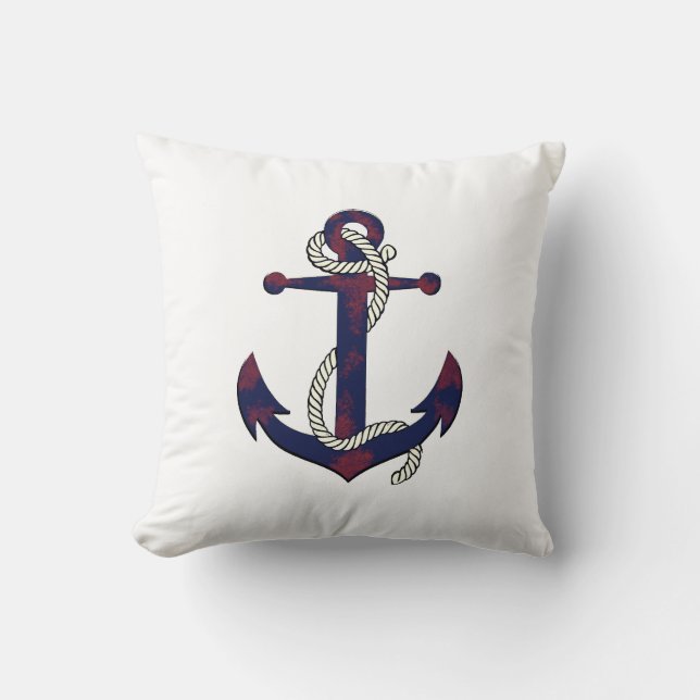 Nautical rusty blue anchor/rope/red/white cushion (Front)