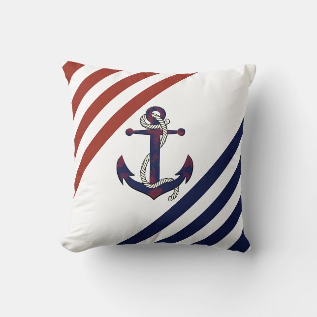 Nautical rusty blue anchor/rope/red/white stripe cushion (Front)