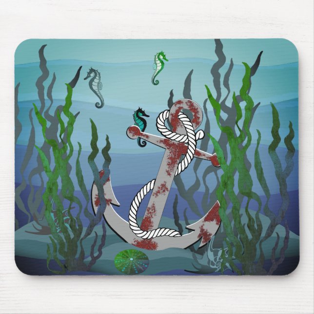 Nautical rusty grey anchor/seaweed/shells/seahorse mouse pad (Front)