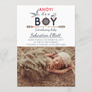 Nautical Sailboat Ahoy Baby Boy Photo Announcement