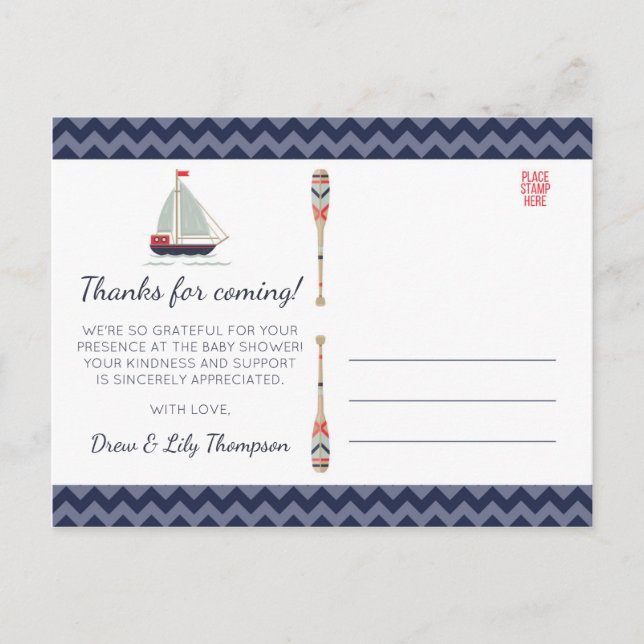 Nautical Sailboat Ahoy Baby Boy Shower Thank You Postcard (Front)