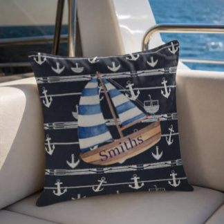 Nautical Sailboat & Anchor Navy Blue Cushion