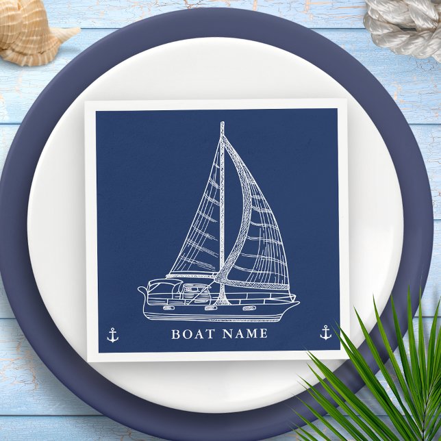 Nautical Sailboat Anchor Navy Blue White Boat Name Napkin (Creator Uploaded)