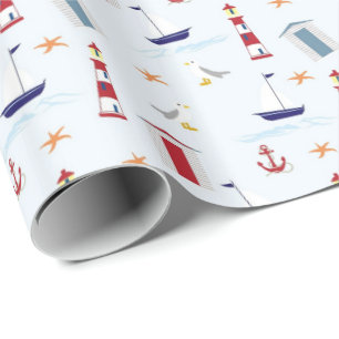 Nautical Sailboat Anchor Sea Gull Lighthouse Ocean Wrapping Paper