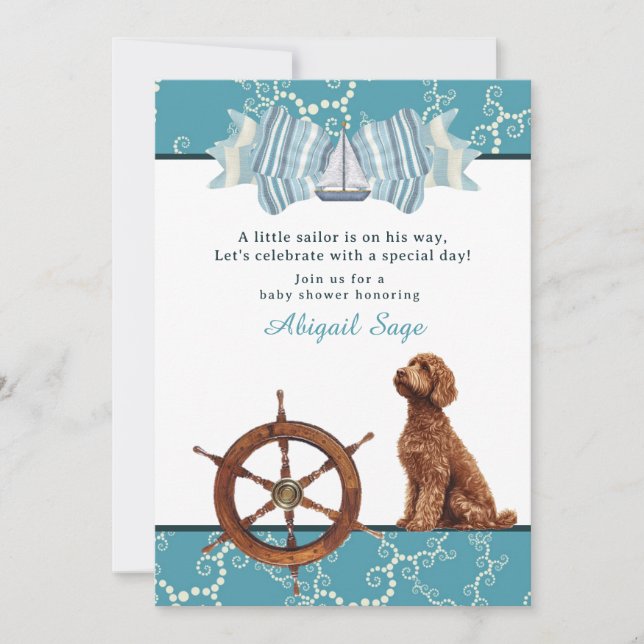Nautical Sailboat and Goldendoodle Boy Baby Shower Invitation (Front)