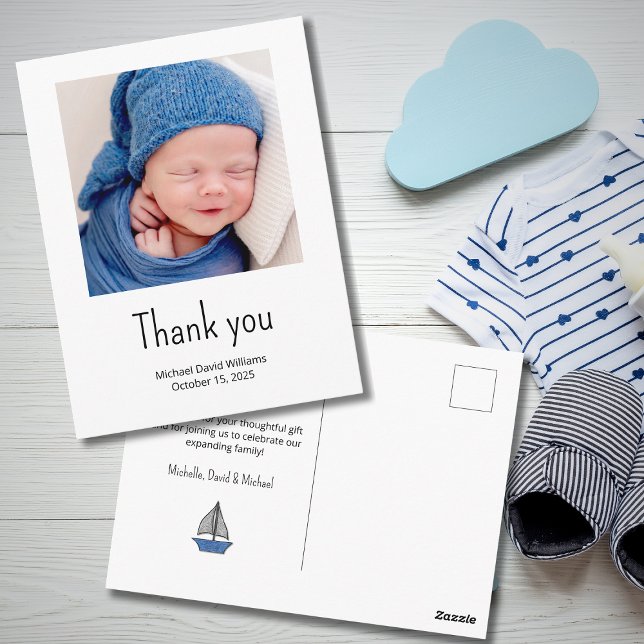 Nautical Sailboat Baby Boy Photo Shower Thank You  Postcard (Creator Uploaded)