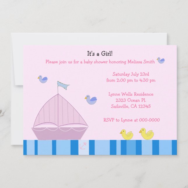 Nautical Sailboat Baby Girl Shower Invitation (Front)