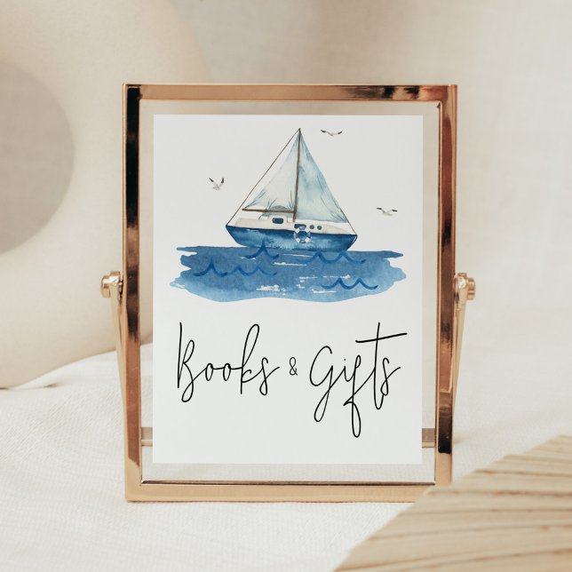 Nautical Sailboat Baby Shower Books and Gifts Poster (Ahoy It’s A Boy Baby Shower Books and Gifts Sign)