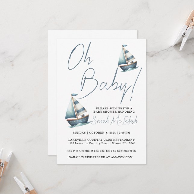 Nautical Sailboat Baby Shower Invitation (Front/Back In Situ)