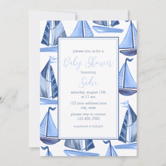 Nautical Sailboat Baby Shower Invitation For A Boy (Front)