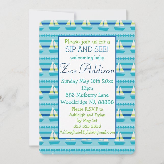 Nautical Sailboat Baby Sip and See Invitation (Front)