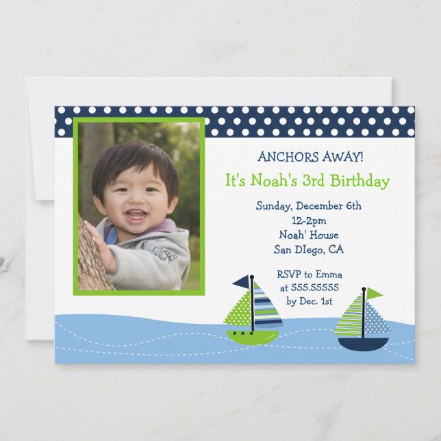 Nautical Sailboat Boys Photo Birthday Invitations (Front)