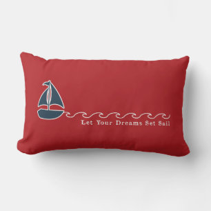 Nautical Sailboat Let Your Dreams Set Sail red Lumbar Cushion