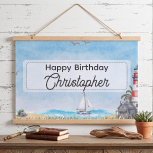 Nautical Sailboat Lighthouse Birthday Wall Hanging Tapestry