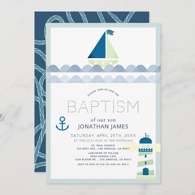 Nautical Sailboat & Lighthouse Blue Boy Baptism Invitation (Front/Back)