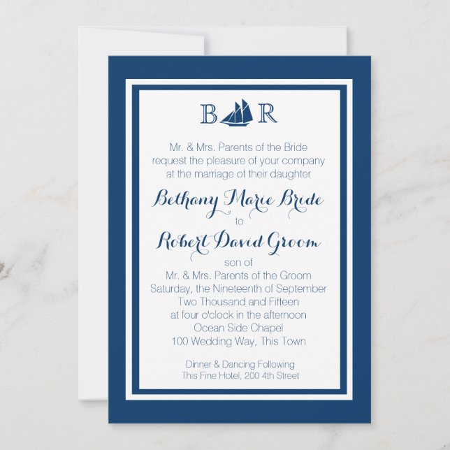 Nautical Sailboat Monogram Wedding Invitation (Front)