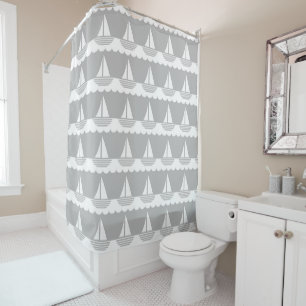 Nautical Sailboat Pattern Grey and White Shower Curtain