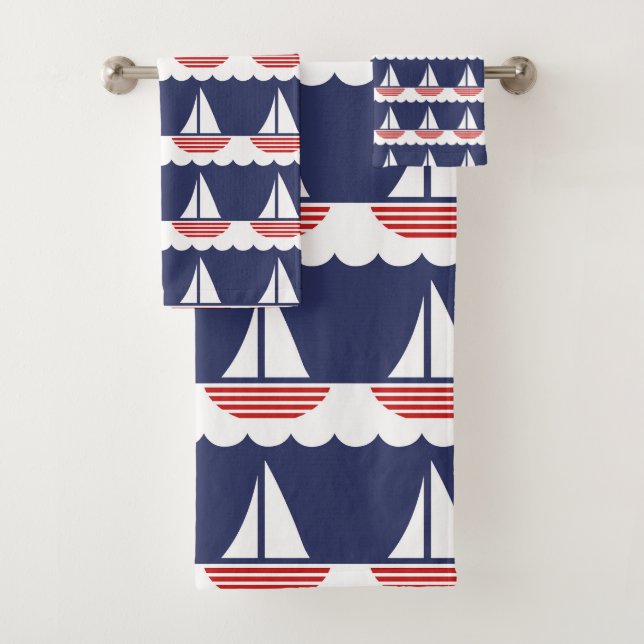 Nautical Sailboat Pattern Navy Blue and Red Bath Towel Set (Insitu)