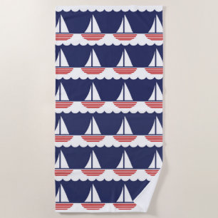 Nautical Sailboat Pattern Navy Blue and Red Beach Towel