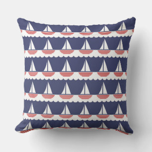 Nautical Sailboat Pattern Navy Blue and Red Cushion
