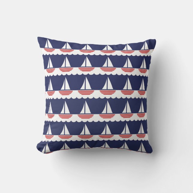 Nautical Sailboat Pattern Navy Blue and Red Cushion (Front)