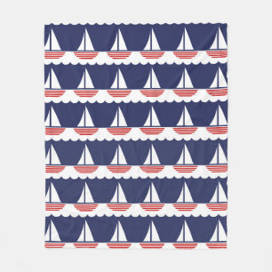 Nautical Sailboat Pattern Navy Blue and Red Fleece Blanket