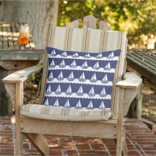 Nautical Sailboat Pattern Navy Blue and White Cushion
