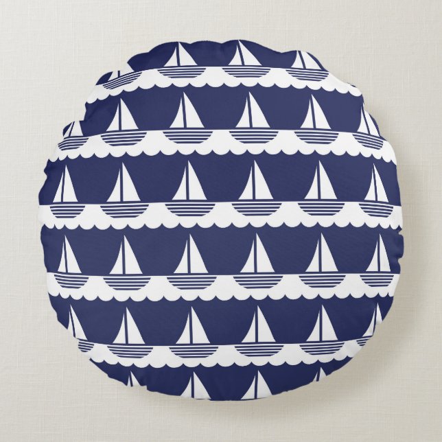 Nautical Sailboat Pattern Navy Blue and White Round Cushion (Front)