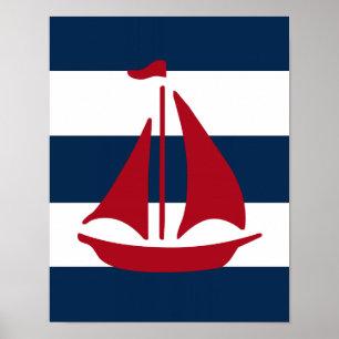 Nautical Sailboat print red, navy and white